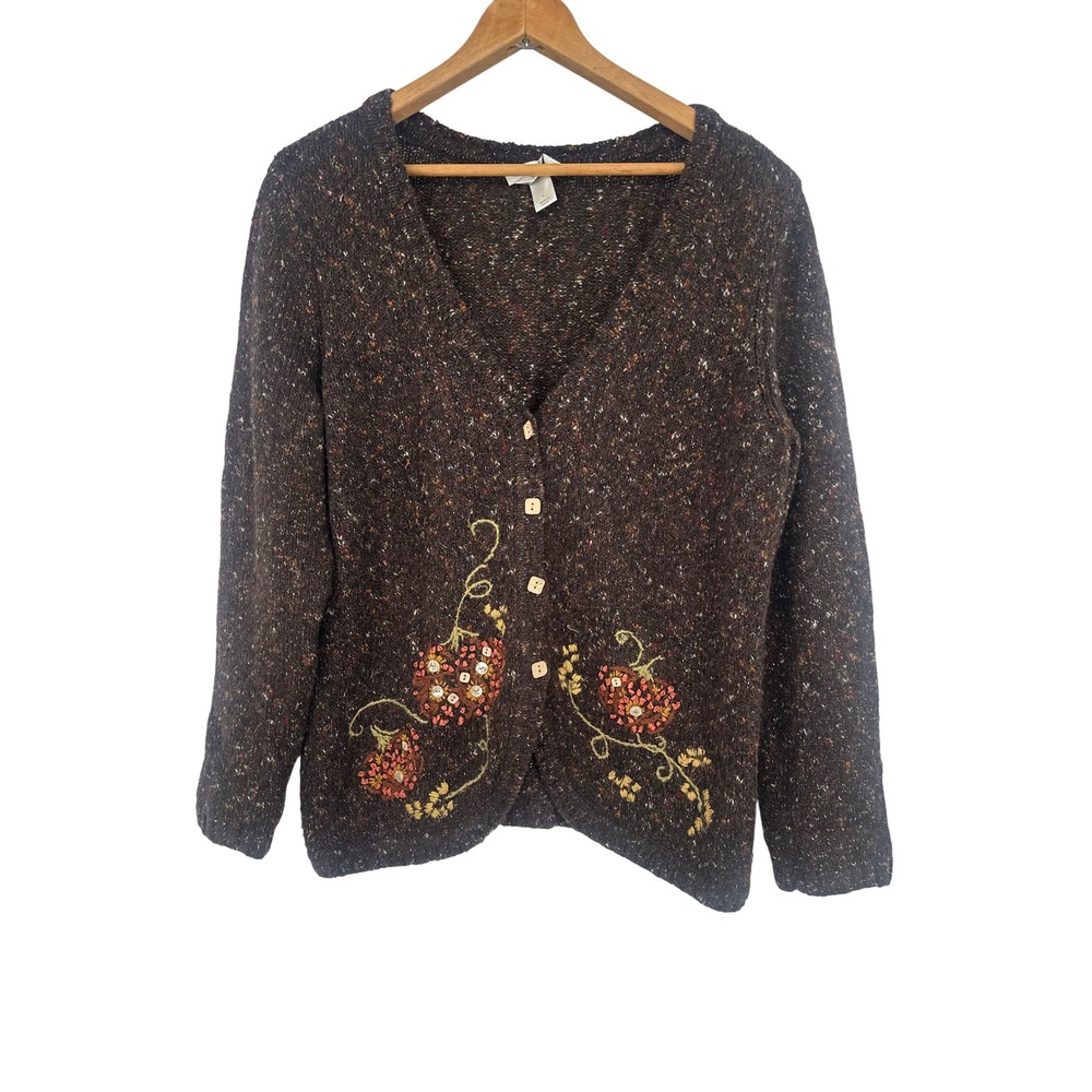 Vintage Women L Cardigan Sweater Brown Hand Embroidered Floral Button Boho Earth